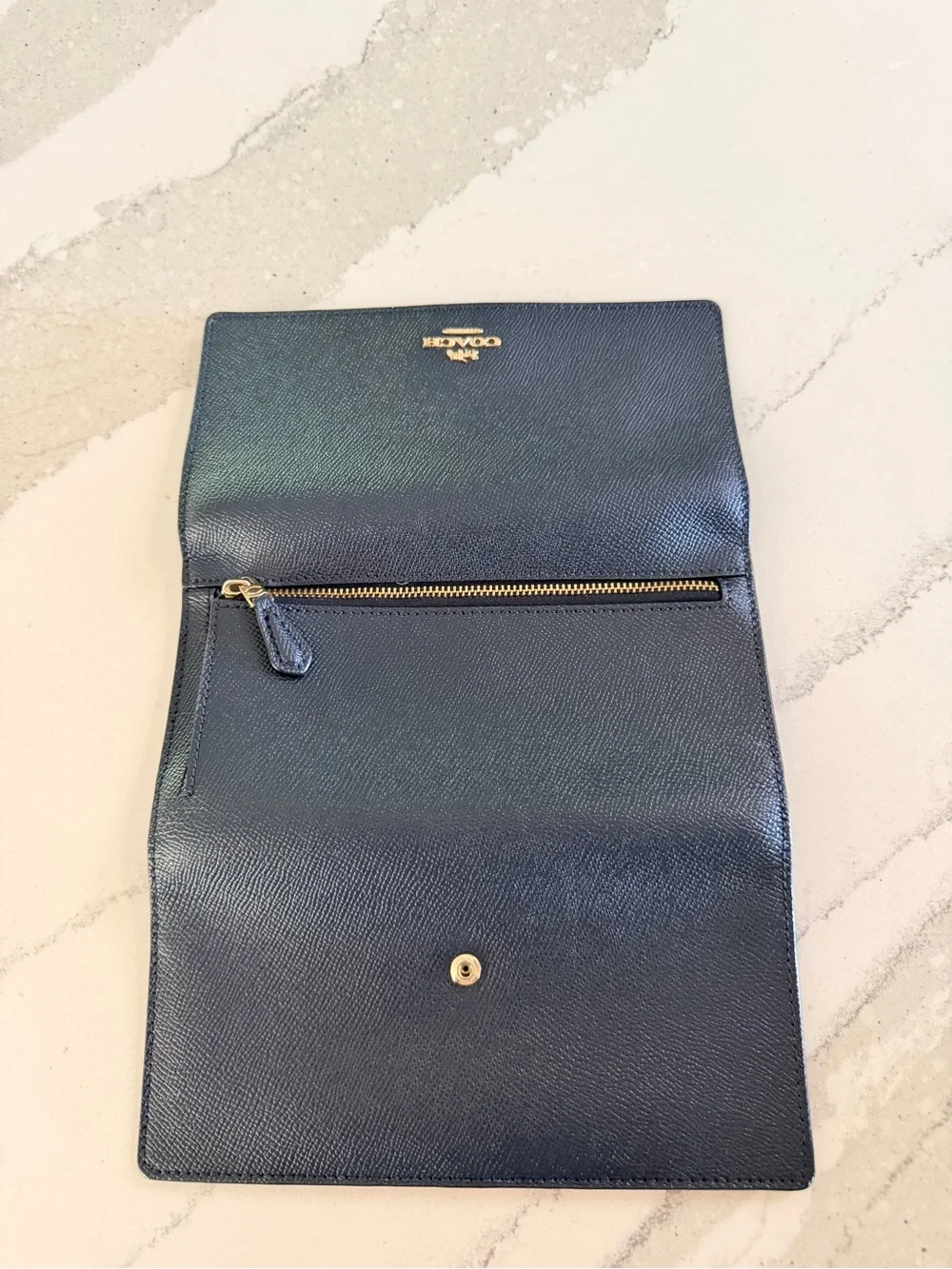 Coach Navy Leather Folded Continental Wallet with Gold Logo